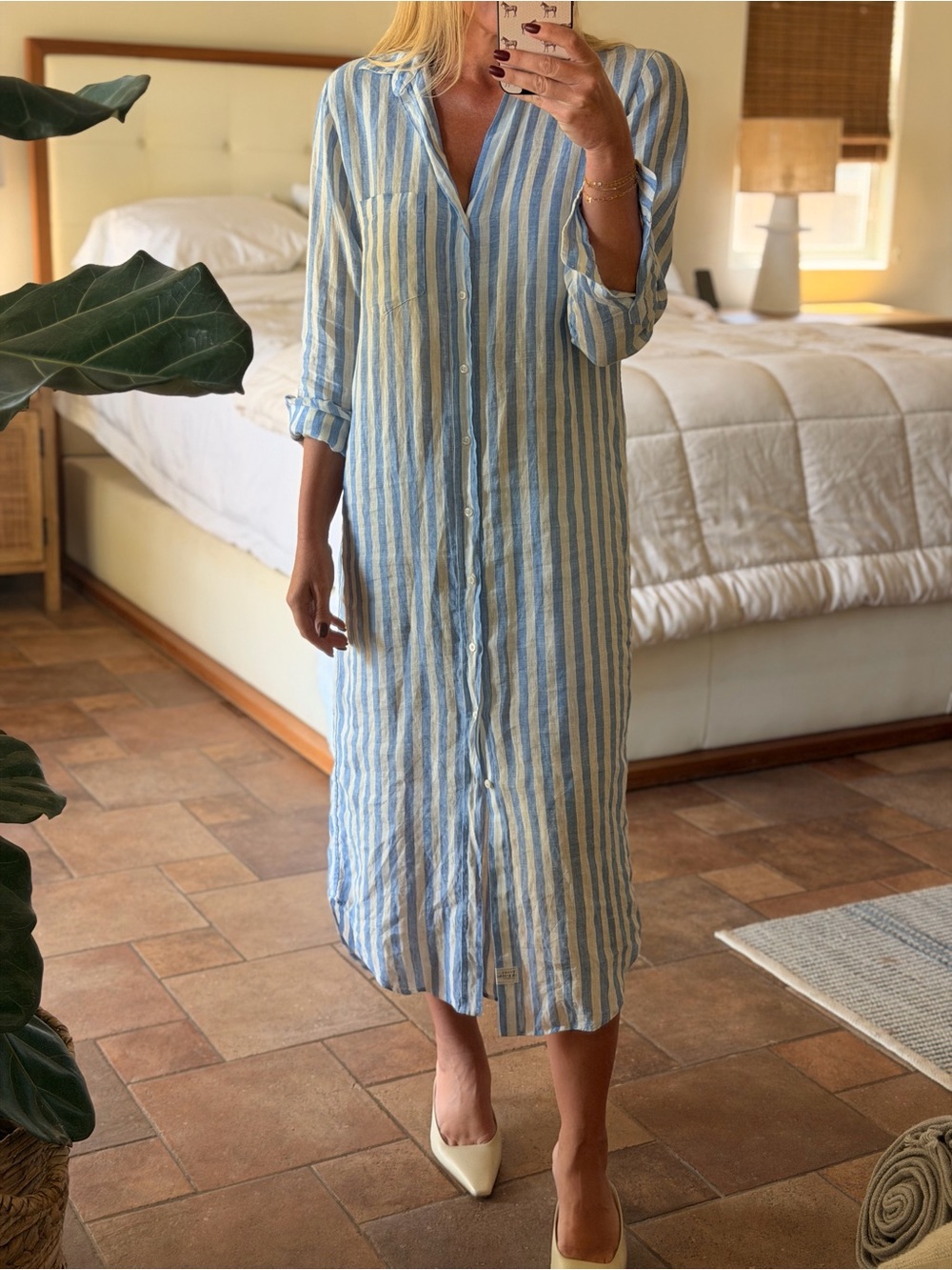 Frank & Eileen Blue and White Striped Linen Button-Front Sleep Dress